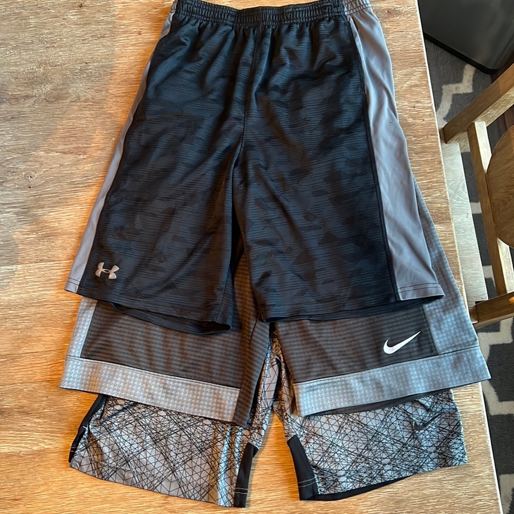 Youth, athletic short bundle: 1 under armor brand and 2 Nike brand